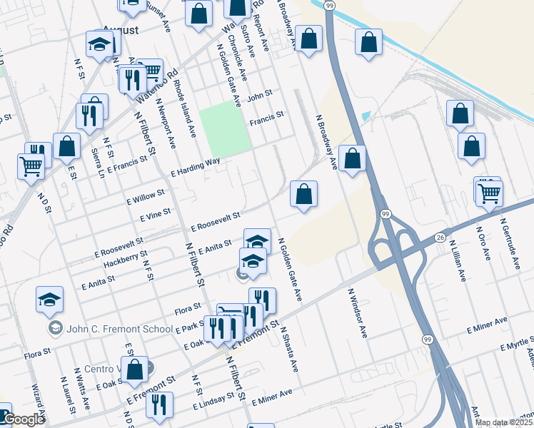 map of restaurants, bars, coffee shops, grocery stores, and more near 1057 North Golden Gate Avenue in Stockton