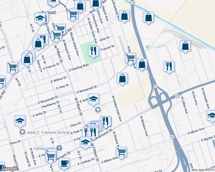 map of restaurants, bars, coffee shops, grocery stores, and more near 1057 North Golden Gate Avenue in Stockton