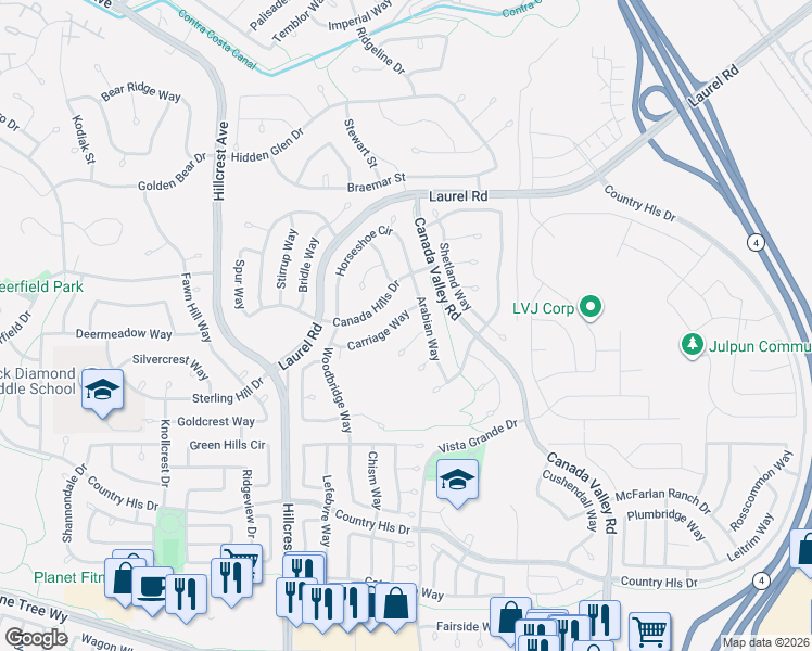 map of restaurants, bars, coffee shops, grocery stores, and more near 5158 Carriage Way in Antioch