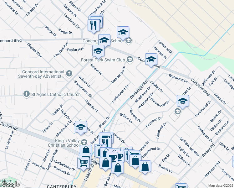 map of restaurants, bars, coffee shops, grocery stores, and more near 1695 Lindenwood Drive in Concord
