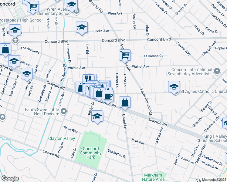 map of restaurants, bars, coffee shops, grocery stores, and more near 1638 Garnet Lane in Concord