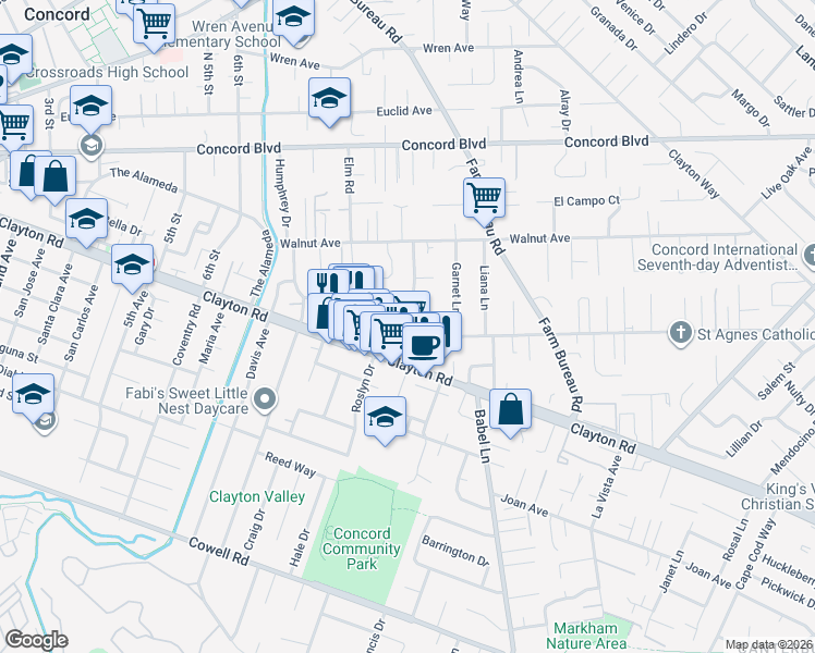 map of restaurants, bars, coffee shops, grocery stores, and more near 3525 Chestnut Avenue in Concord