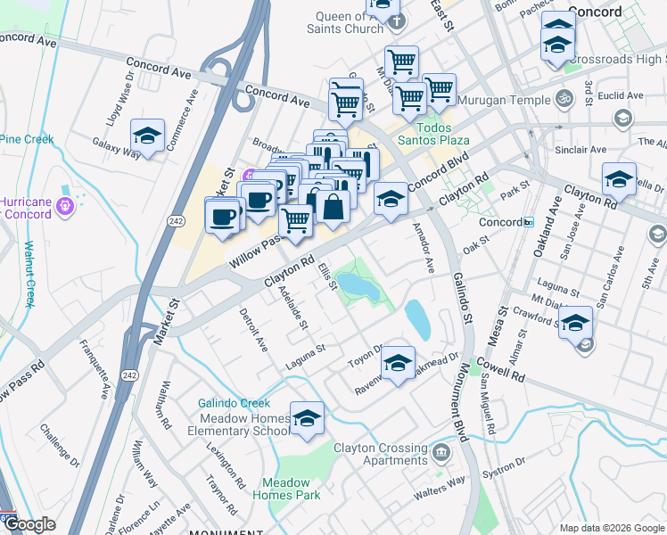 map of restaurants, bars, coffee shops, grocery stores, and more near 1736 Clayton Road in Concord