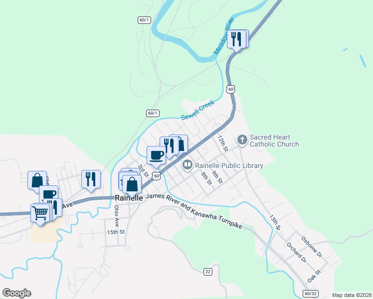 map of restaurants, bars, coffee shops, grocery stores, and more near 229 9th Street in Rainelle