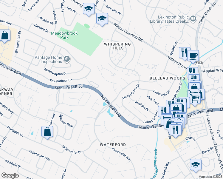 map of restaurants, bars, coffee shops, grocery stores, and more near 3831 Belleau Wood Drive in Lexington