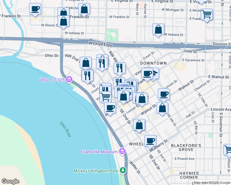 map of restaurants, bars, coffee shops, grocery stores, and more near 212 Vine Street in Evansville