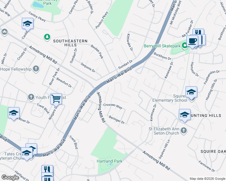 map of restaurants, bars, coffee shops, grocery stores, and more near 3401 Promenade Drive in Lexington