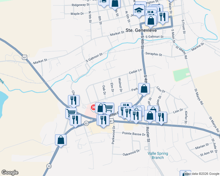 map of restaurants, bars, coffee shops, grocery stores, and more near 410 Oak Drive in Ste. Genevieve