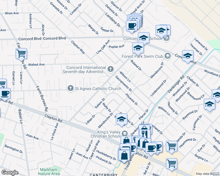 map of restaurants, bars, coffee shops, grocery stores, and more near 1616 Lindbergh Drive in Concord
