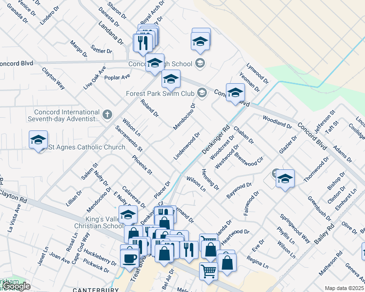map of restaurants, bars, coffee shops, grocery stores, and more near 1695 Lindenwood Drive in Concord