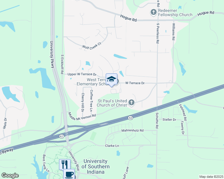 map of restaurants, bars, coffee shops, grocery stores, and more near 8000 West Terrace Drive in Evansville