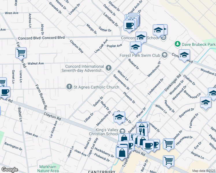 map of restaurants, bars, coffee shops, grocery stores, and more near 1616 Lindbergh Drive in Concord