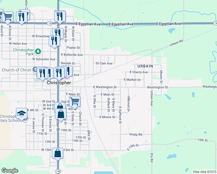 map of restaurants, bars, coffee shops, grocery stores, and more near 701 East Washington Street in Christopher