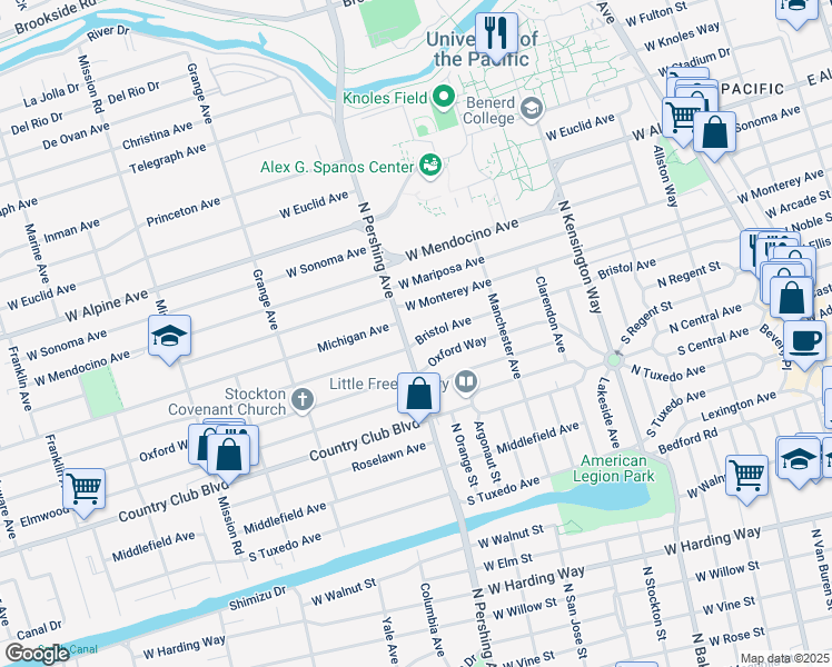 map of restaurants, bars, coffee shops, grocery stores, and more near 1248 West Monterey Avenue in Stockton