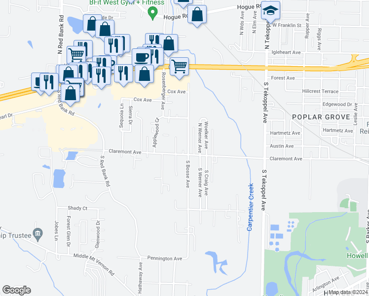 map of restaurants, bars, coffee shops, grocery stores, and more near 409 South Bosse Avenue in Evansville