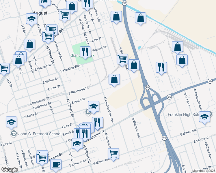 map of restaurants, bars, coffee shops, grocery stores, and more near 3101 East Anita Street in Stockton