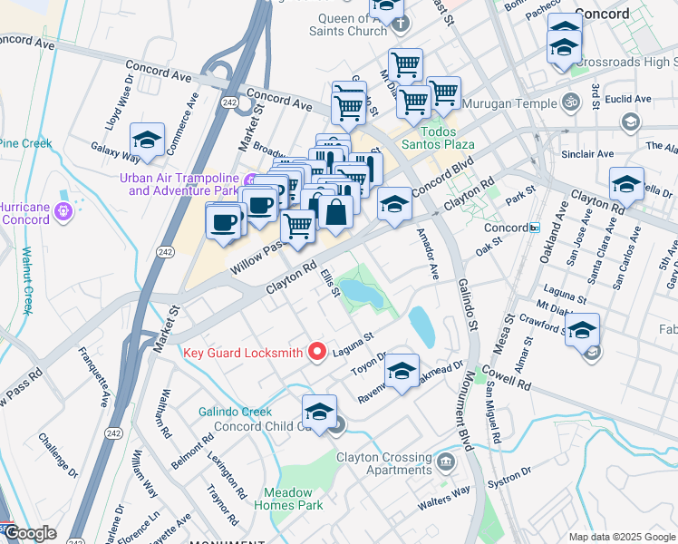 map of restaurants, bars, coffee shops, grocery stores, and more near 1790 Ellis Street in Concord