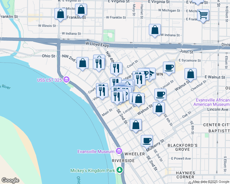 map of restaurants, bars, coffee shops, grocery stores, and more near 102 Northwest 3rd Street in Evansville
