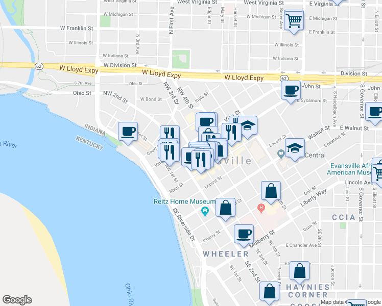 map of restaurants, bars, coffee shops, grocery stores, and more near 102 Northwest 3rd Street in Evansville
