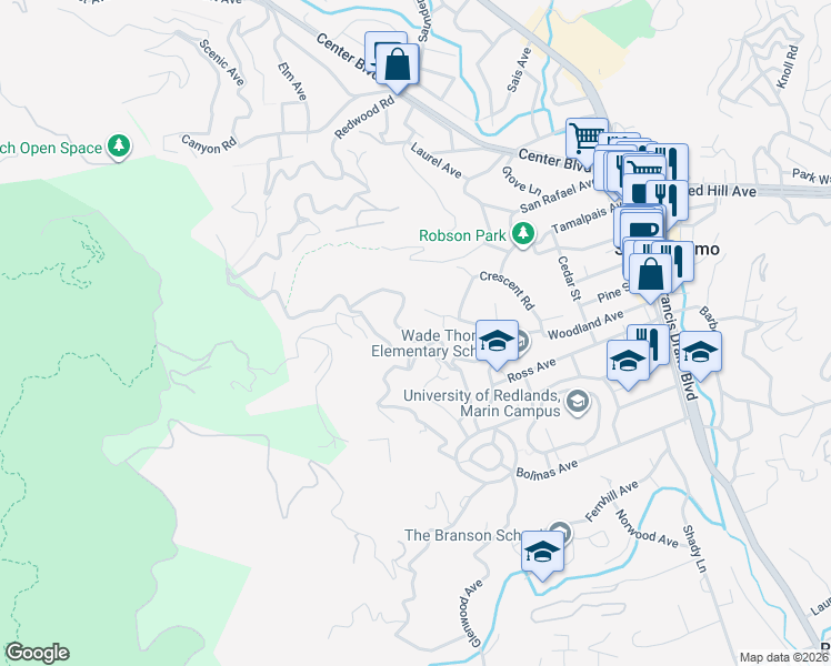 map of restaurants, bars, coffee shops, grocery stores, and more near 21 Idalia Court in San Anselmo