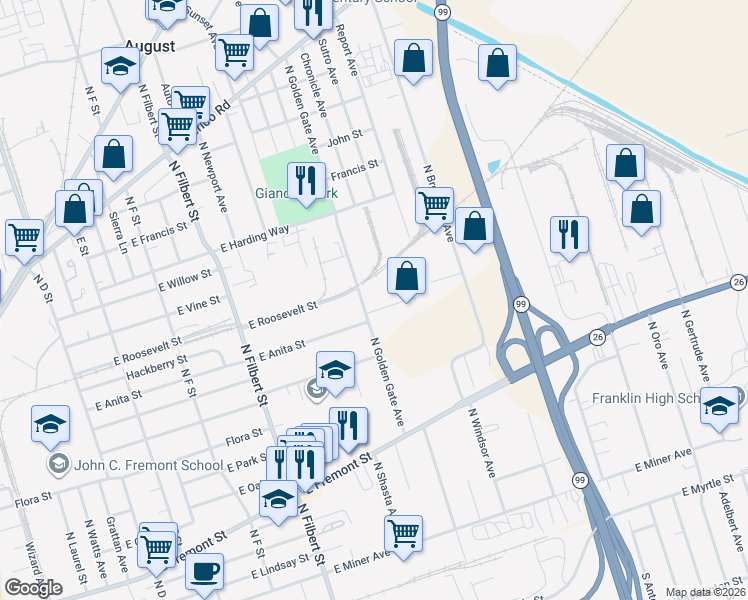 map of restaurants, bars, coffee shops, grocery stores, and more near 3101 East Anita Street in Stockton