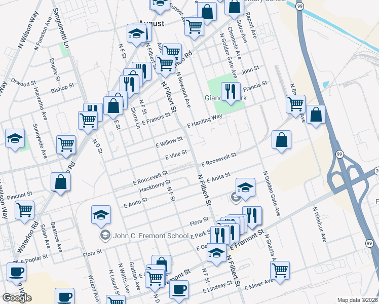 map of restaurants, bars, coffee shops, grocery stores, and more near 2461 East Vine Street in Stockton
