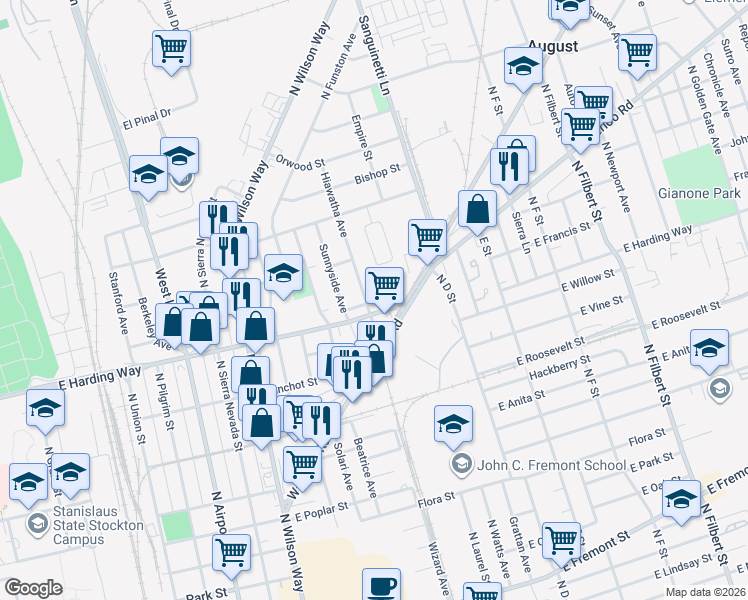 map of restaurants, bars, coffee shops, grocery stores, and more near 1550 Hiawatha Avenue in Stockton
