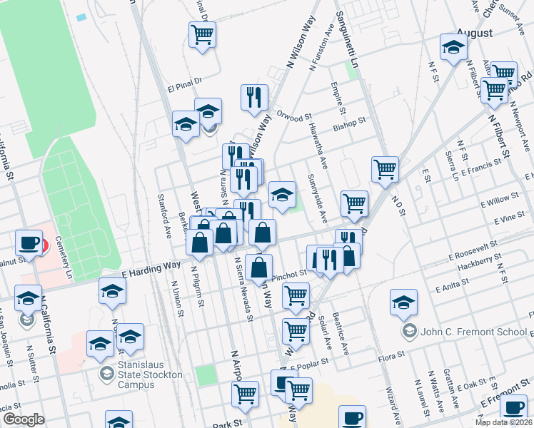 map of restaurants, bars, coffee shops, grocery stores, and more near 1542 Walnut Street in Stockton