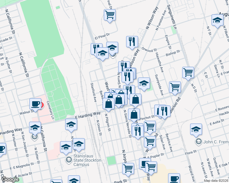 map of restaurants, bars, coffee shops, grocery stores, and more near 1721 North Sierra Nevada Street in Stockton