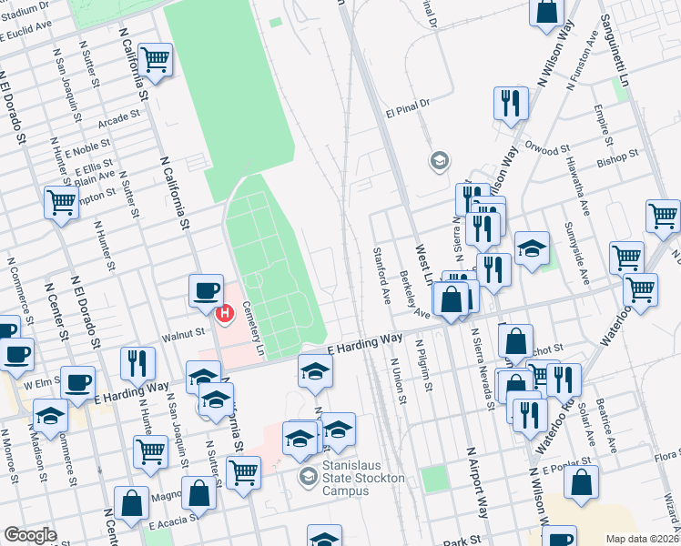 map of restaurants, bars, coffee shops, grocery stores, and more near 1050 East Harding Way in Stockton