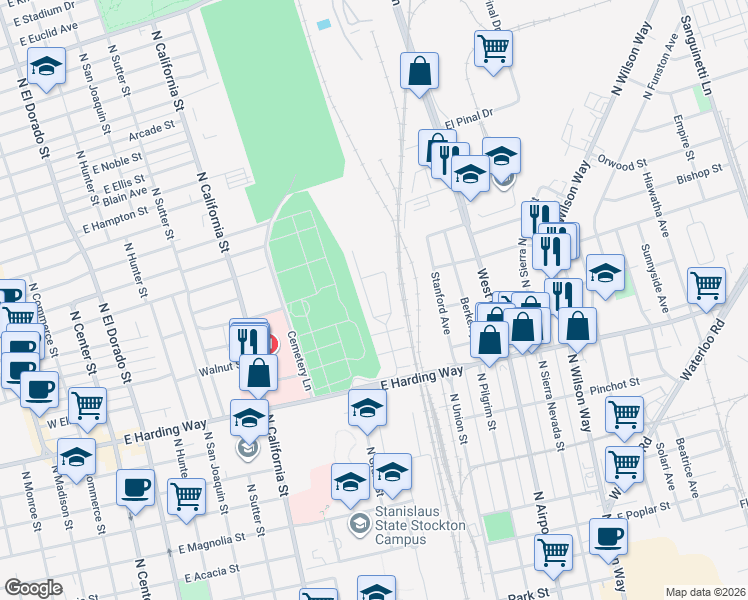 map of restaurants, bars, coffee shops, grocery stores, and more near 1770 North Palm Avenue in Stockton