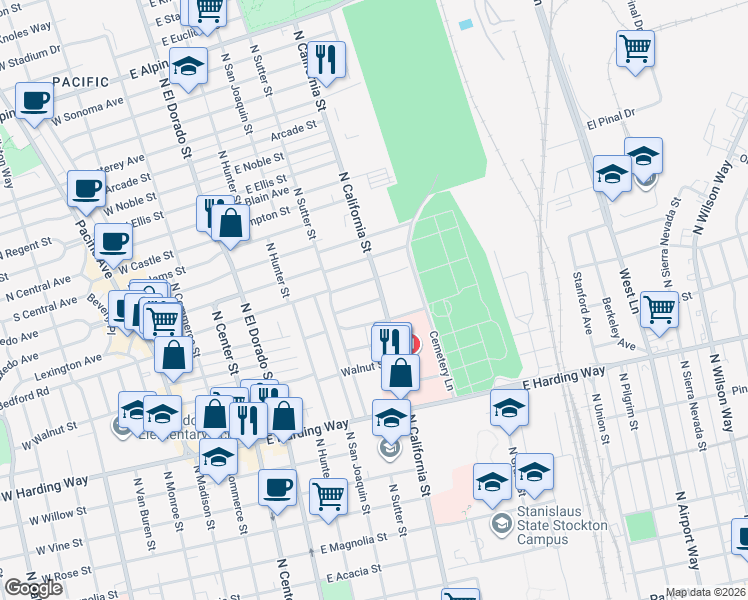 map of restaurants, bars, coffee shops, grocery stores, and more near 2031 North California Street in Stockton