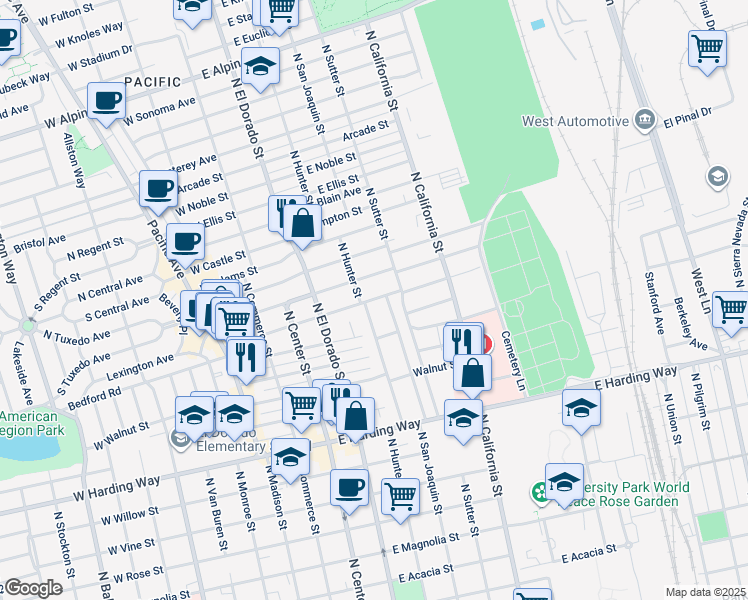 map of restaurants, bars, coffee shops, grocery stores, and more near 225 East Wyandotte Street in Stockton