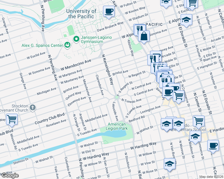 map of restaurants, bars, coffee shops, grocery stores, and more near 2631 Crafton Way in Stockton