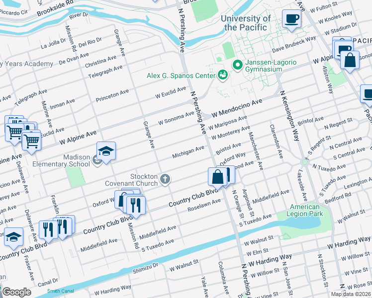 map of restaurants, bars, coffee shops, grocery stores, and more near 1508 West Monterey Avenue in Stockton