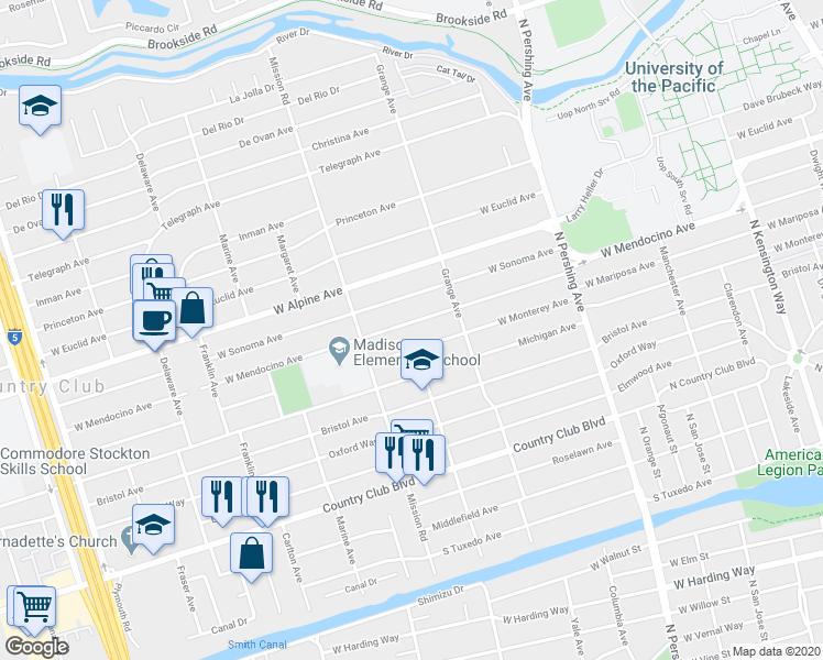 map of restaurants, bars, coffee shops, grocery stores, and more near 1775 West Mendocino Avenue in Stockton