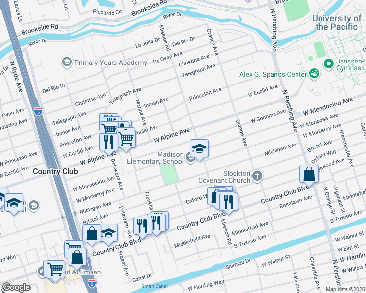 map of restaurants, bars, coffee shops, grocery stores, and more near in Stockton