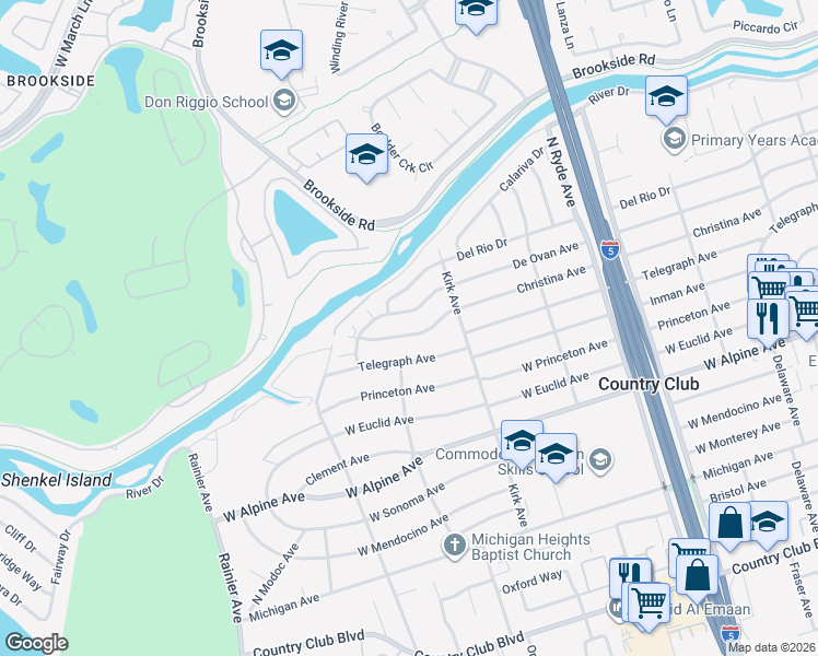 map of restaurants, bars, coffee shops, grocery stores, and more near 3112 De Ovan Avenue in Stockton