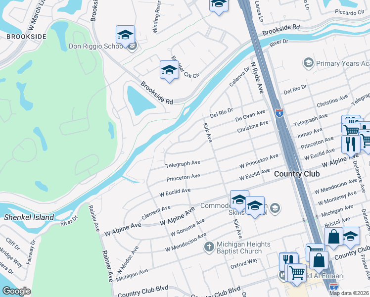 map of restaurants, bars, coffee shops, grocery stores, and more near 3112 De Ovan Avenue in Stockton