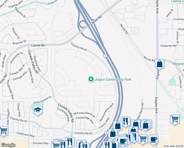 map of restaurants, bars, coffee shops, grocery stores, and more near John Marsh Heritage Hwy in Brentwood