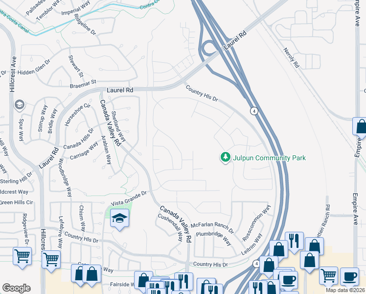 map of restaurants, bars, coffee shops, grocery stores, and more near 4660 Palomino Way in Antioch