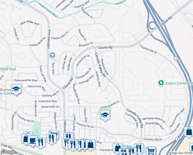map of restaurants, bars, coffee shops, grocery stores, and more near 5158 Carriage Way in Antioch