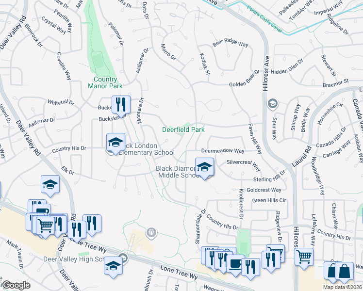 map of restaurants, bars, coffee shops, grocery stores, and more near 4452 Deerfield Drive in Antioch