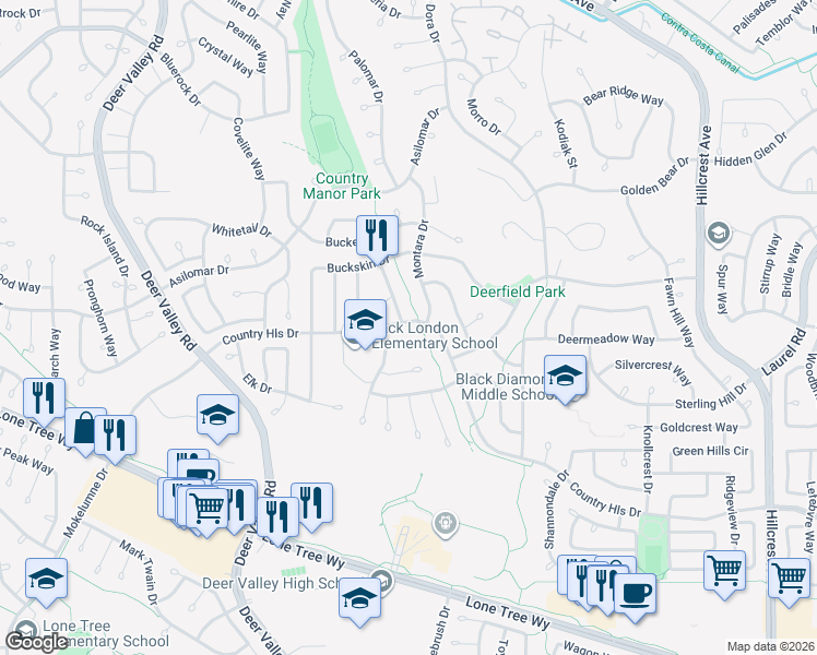 map of restaurants, bars, coffee shops, grocery stores, and more near 4539 Deer Way in Antioch