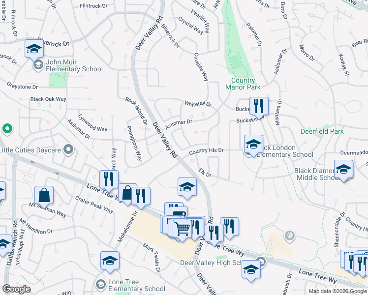 map of restaurants, bars, coffee shops, grocery stores, and more near 4428 Whitehoof Way in Antioch