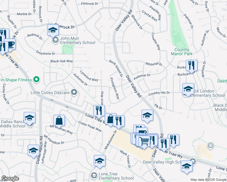map of restaurants, bars, coffee shops, grocery stores, and more near 2225 Asilomar Drive in Antioch