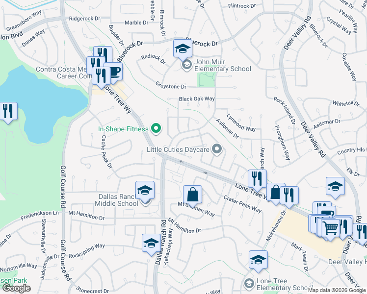 map of restaurants, bars, coffee shops, grocery stores, and more near 2044 Tupelo Way in Antioch