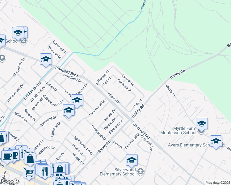 map of restaurants, bars, coffee shops, grocery stores, and more near 1818 Hoover Court in Concord