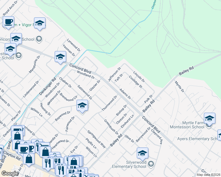 map of restaurants, bars, coffee shops, grocery stores, and more near 4548 Adams Drive in Concord