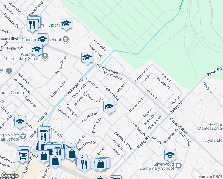 map of restaurants, bars, coffee shops, grocery stores, and more near 1774 Rockwood Place in Concord